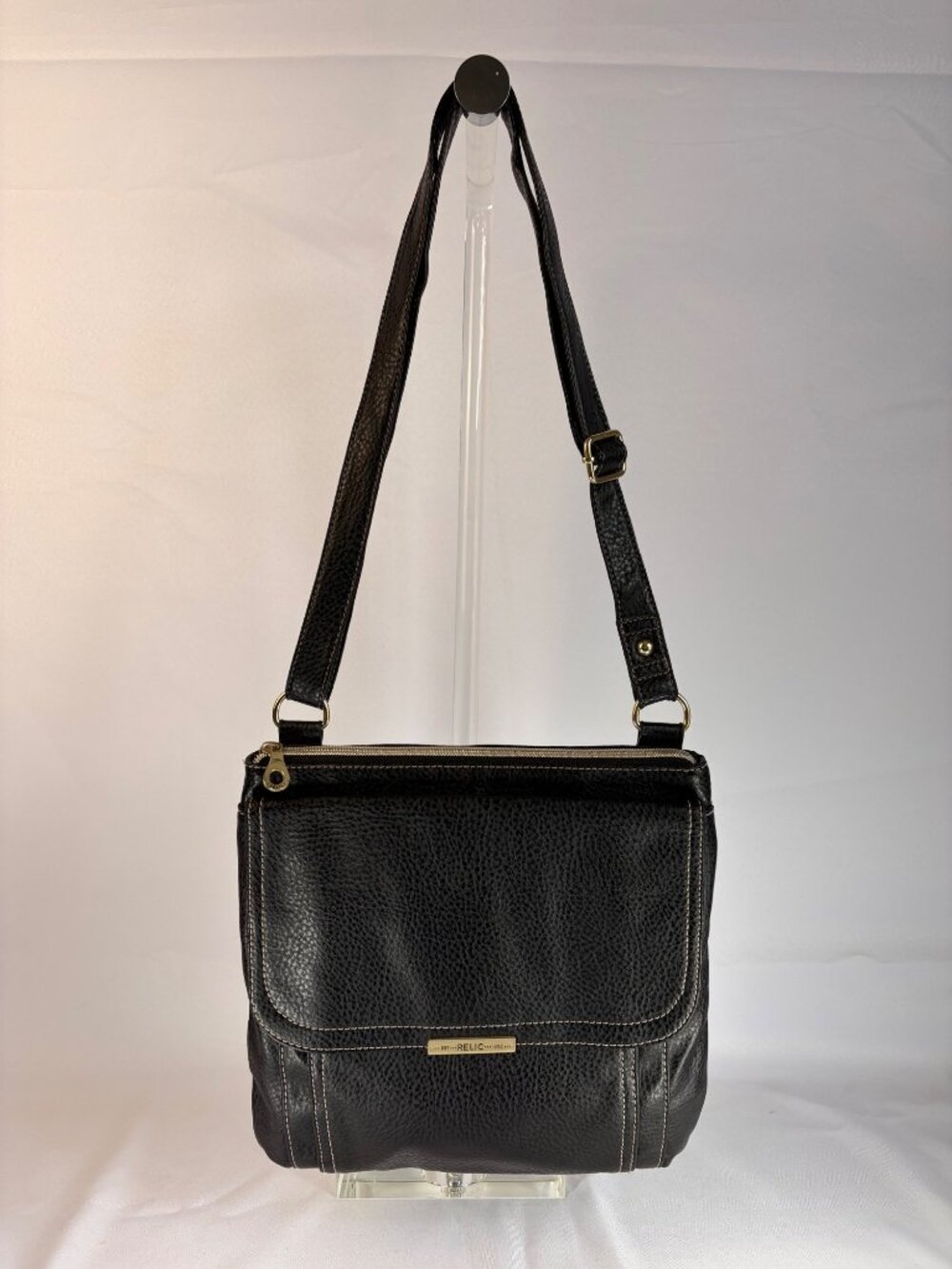 Relic Crossbody Bag Flap Zip Shoulder Purse Black Pebbled Leather Classic